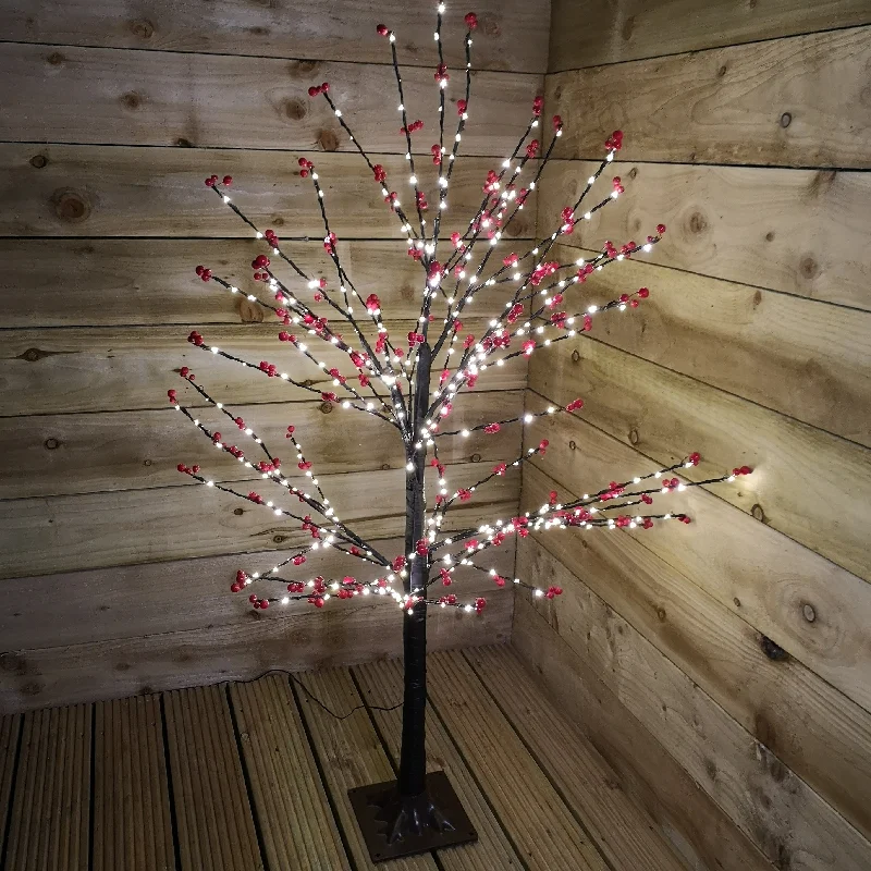 120cm 4ft Christmas Lit Black Twig Tree Red Berry 400 Warm White LED