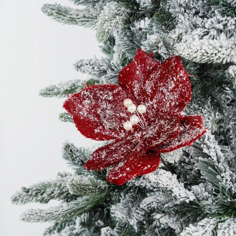 Flocked Red Flower Christmas Tree Pick