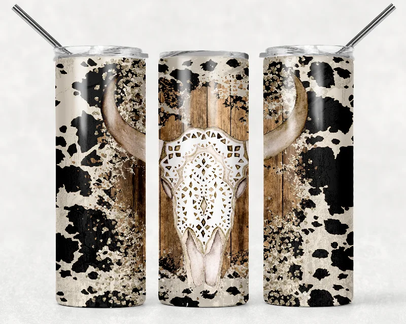 Rustic Western Cow Skull, Cow Print 20 oz Skinny Tumbler