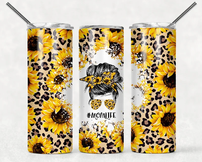 Mom Life Messy Bun Leopard Sunflower 20 oz Skinny Tumbler