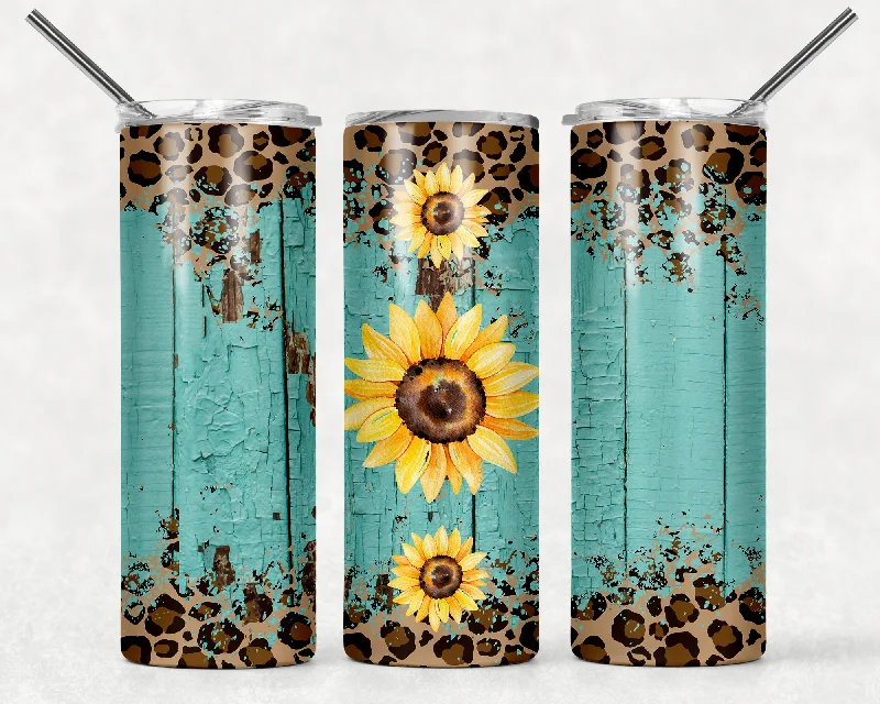 Western Style Rustic Turquoise Sunflower 20 oz Skinny Tumbler