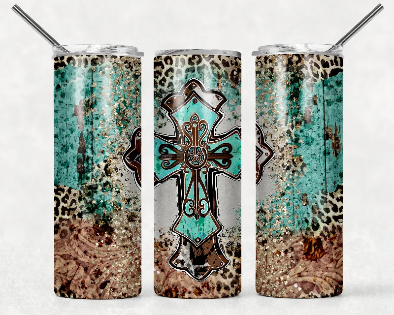 Western Rustic Style Turquoise Cross 20 oz Skinny Tumbler