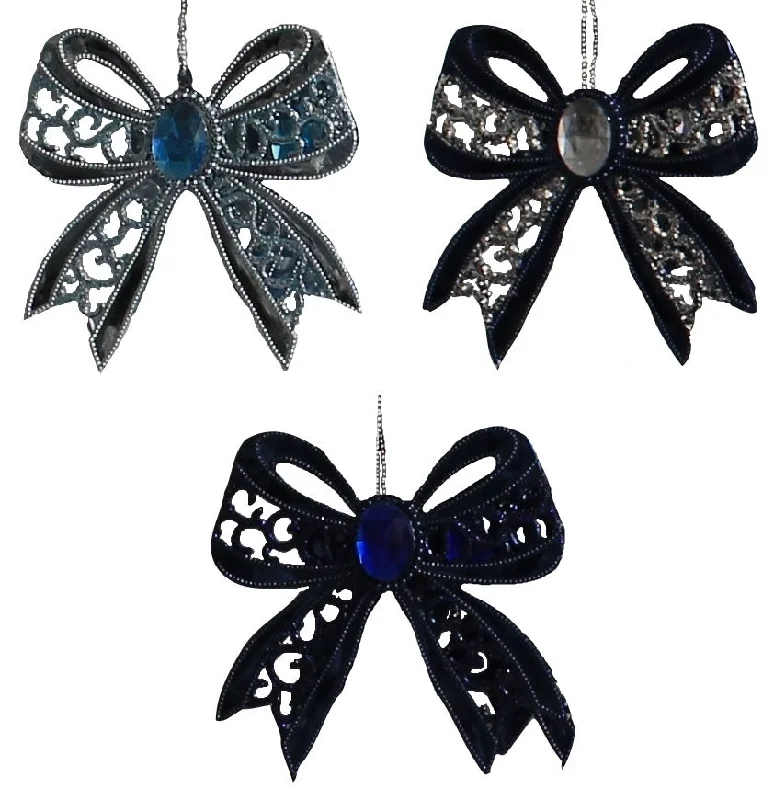 3-Pack of Blue Jeweled Glitter Bow Ornaments