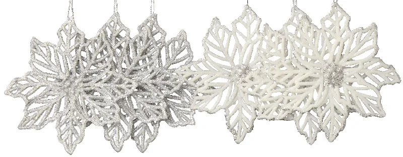 3-Pack of Silver/White Glitter Poinsettia Ornaments