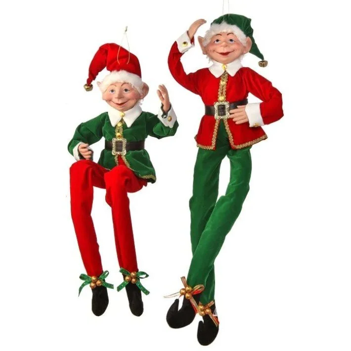 30" Fabric Red & Green Tidings Bendable Elf Ornament Assorted Set Of 2