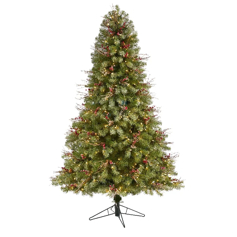 6.5' Lightly Frosted Big Sky Spruce Artificial Christmas Tree with 450 Clear (Multifunction) LED Lights with Instant Connect Technology, Berries, Pine Cones and 904 Bendable Branches