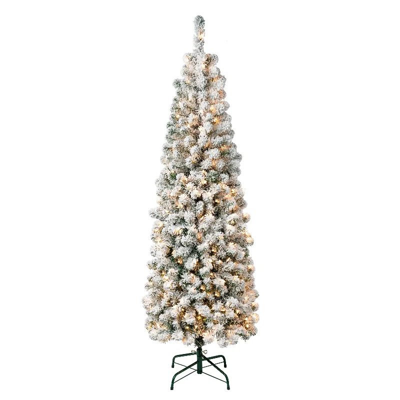 6 ft. Pre-Lit Acacia Pencil Slim Flocked Tree with Clear Lights