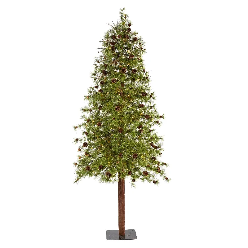 8' Wyoming Alpine Artificial Christmas Tree with 250 Clear (multifunction) LED Lights and Pine Cones on Natural Trunk