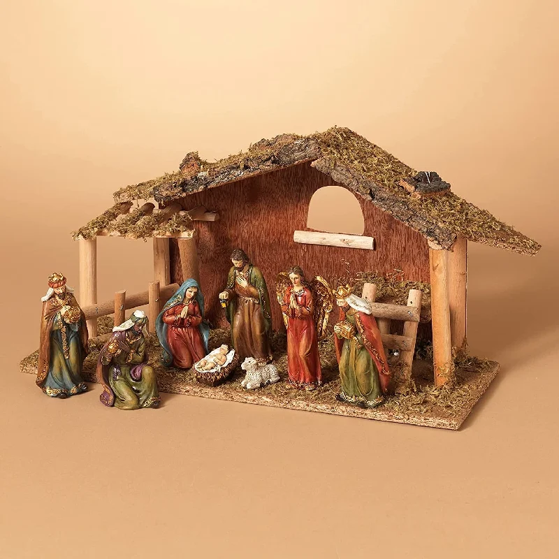 9-Piece Resin Nativity Scene with Mossy Stable