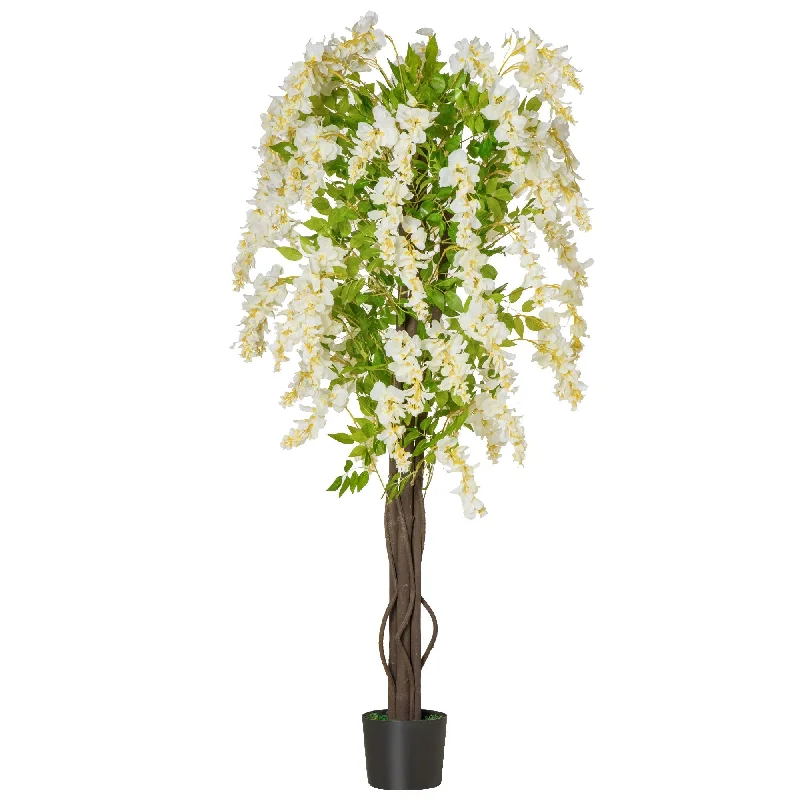 Artificial Realistic White Wisteria Tree Faux Decorative Plant in Nursery Pot for Indoor Outdoor Décor