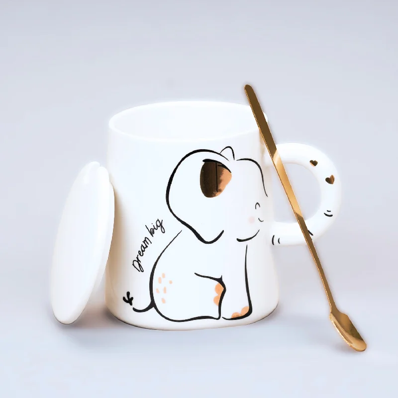 Cute Animal Ceramic Coffee Mug With Lid and Spoon