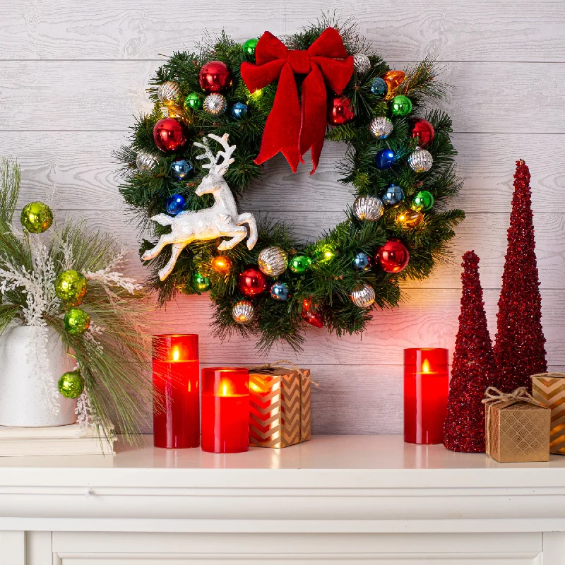 Christmas Nostalgia - Pre-Lit Old Fashioned Bulb Lights with Reindeer & Red Velvet Bow Christmas Wreath