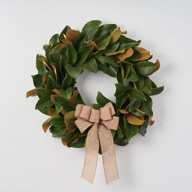 Classic Real Touch Magnolia Leaf All Seasons Front Door Wreath with Burlap Bow