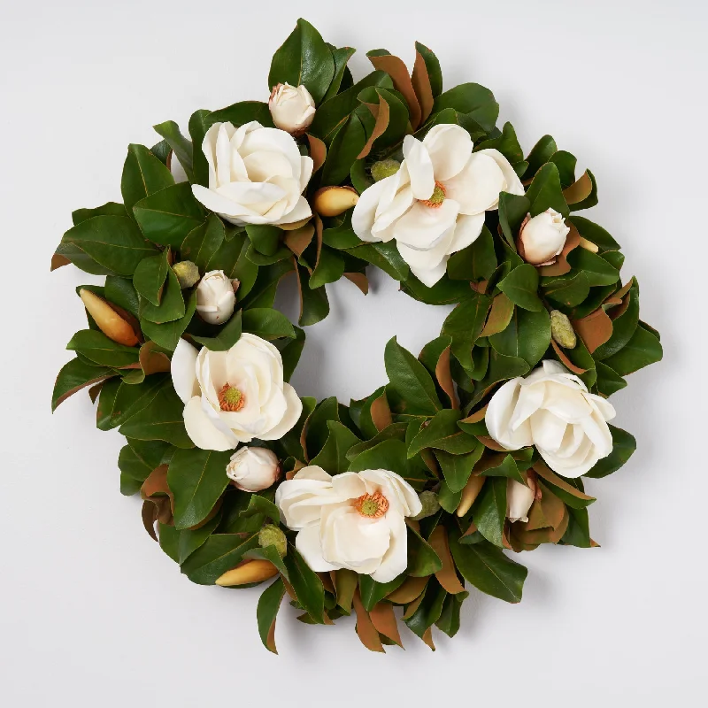 Classic Real Touch White Magnolia Bud All Seasons Front Door Wreath - 30"