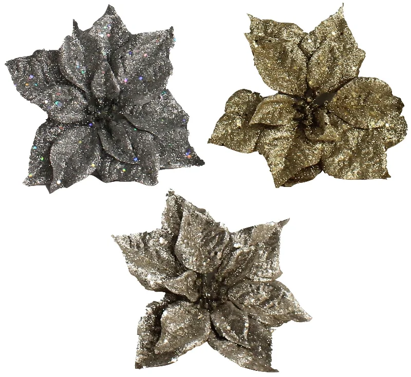 Clip-On Glitter Poinsettia Ornaments (Champagne/Gold/Silver)