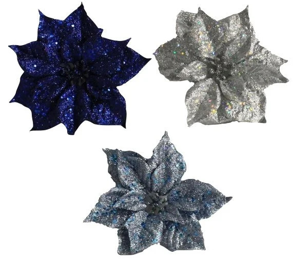 Clip-On Glitter Poinsettia Ornaments (Navy/Silver/Light Blue)