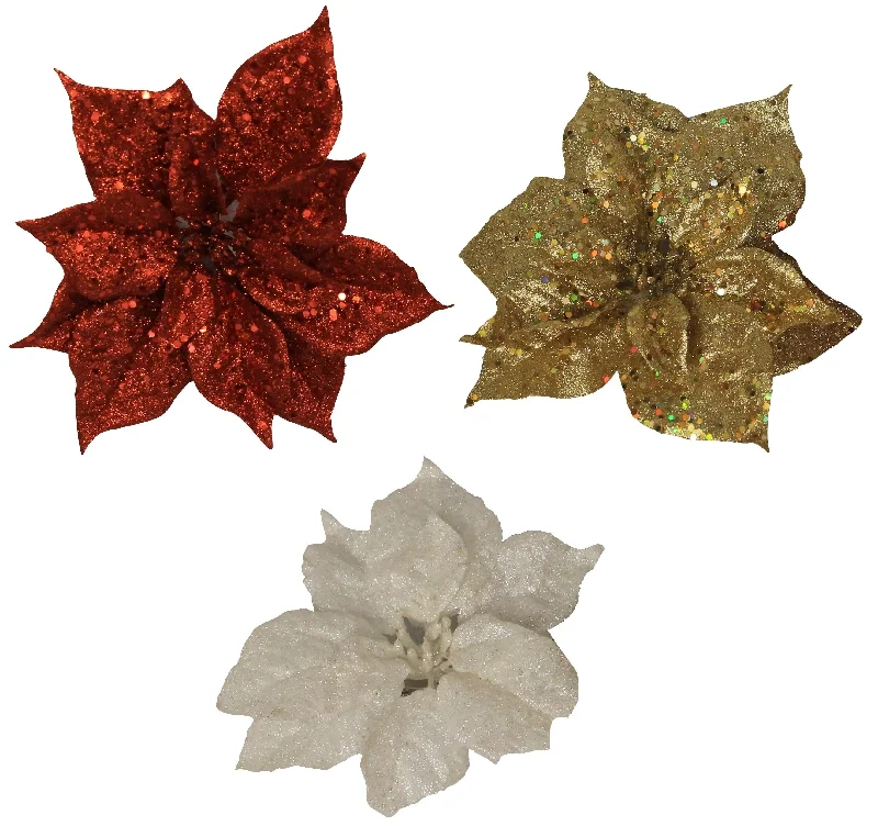 Clip-On Glitter Poinsettia Ornaments (Red/Gold/White)