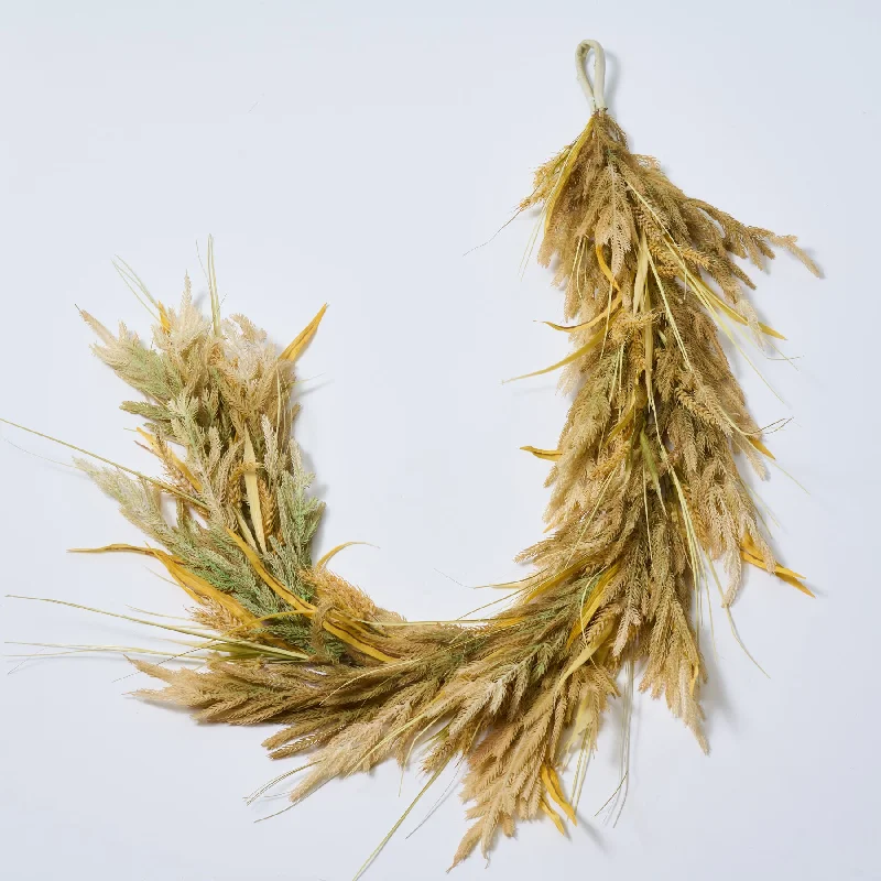 Dried-Look Wheat Grass & Neutral Tone Norfolk Pine Garland Mantel Decor