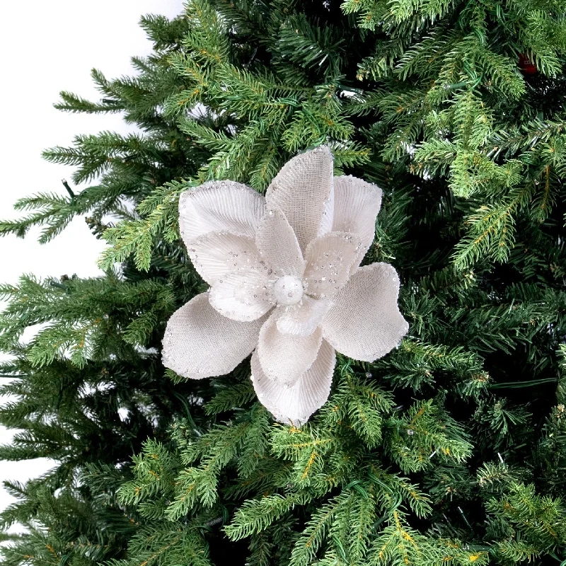 Festive Ivory Poinsettia Pick with Glitter