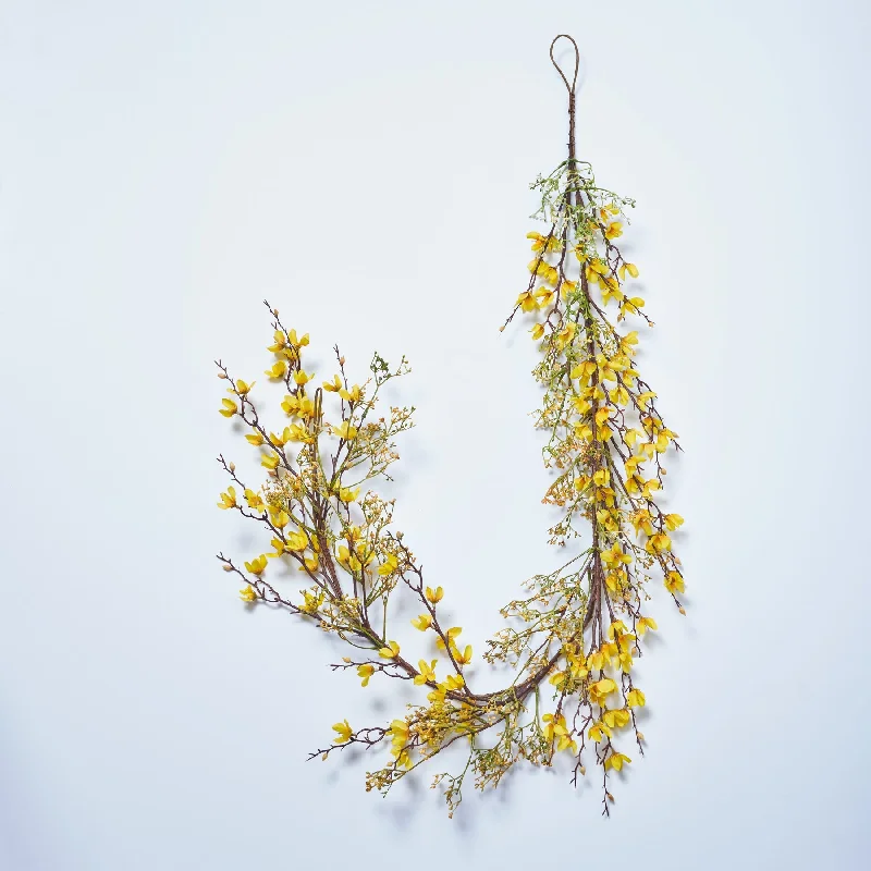 Flowering Yellow Forsythia Blossom & Faux Berry Twig Spring Mantel Garland Table Runner