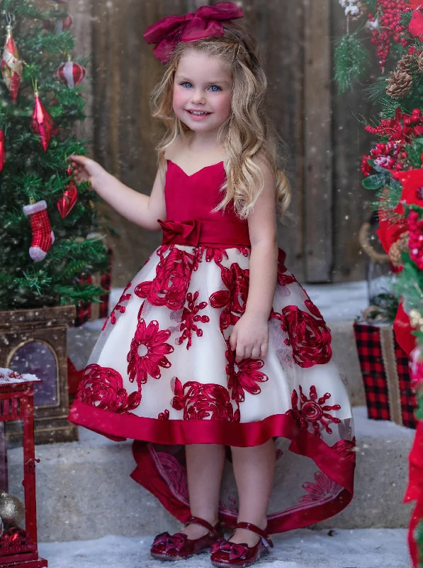 Sheer Collar Red Embroidered Hi-Lo Dress