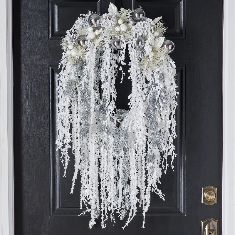 Glistening Crystal Cascade - Snowy White Cedar, Beaded Crystal Icicle & Glitter Pinecone Draping Winter Holiday Wreath