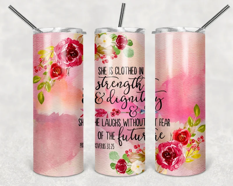 She is Clothed in Strength Glitter Effect 20 oz Skinny Tumbler