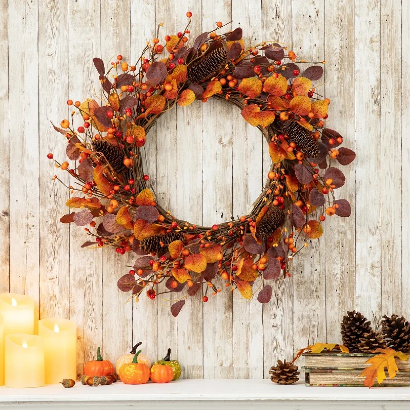 Glitzhome 22"D Fall Eucalyptus Berry Wreath for Thanksgiving