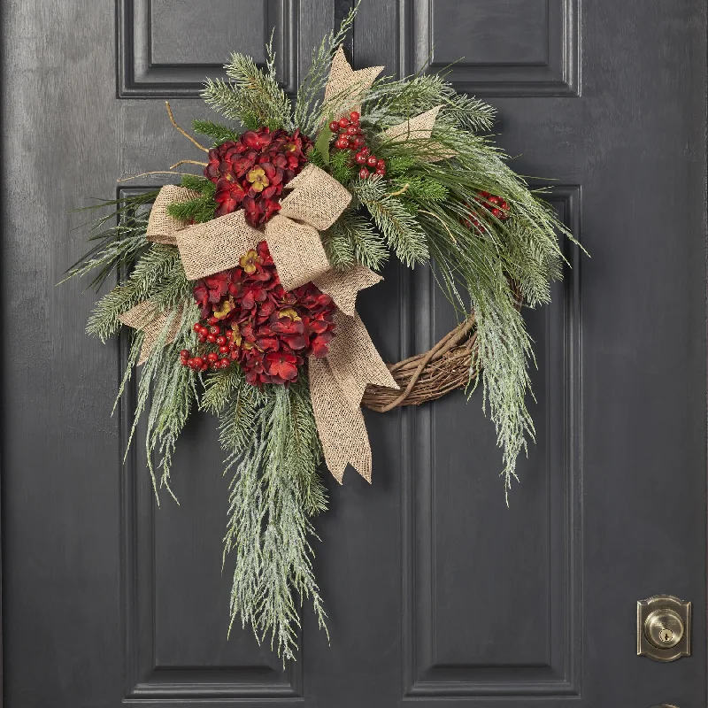 Intertwined Burlap Bow Holiday Wreath with Wispy Scotch Pine, Christmas Red Hydrangea & Winter Berries