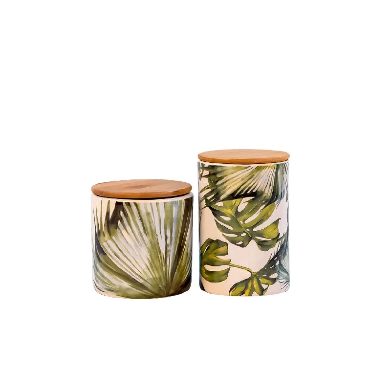 Leafy Ceramic Jar With Wooden Lid - Medium