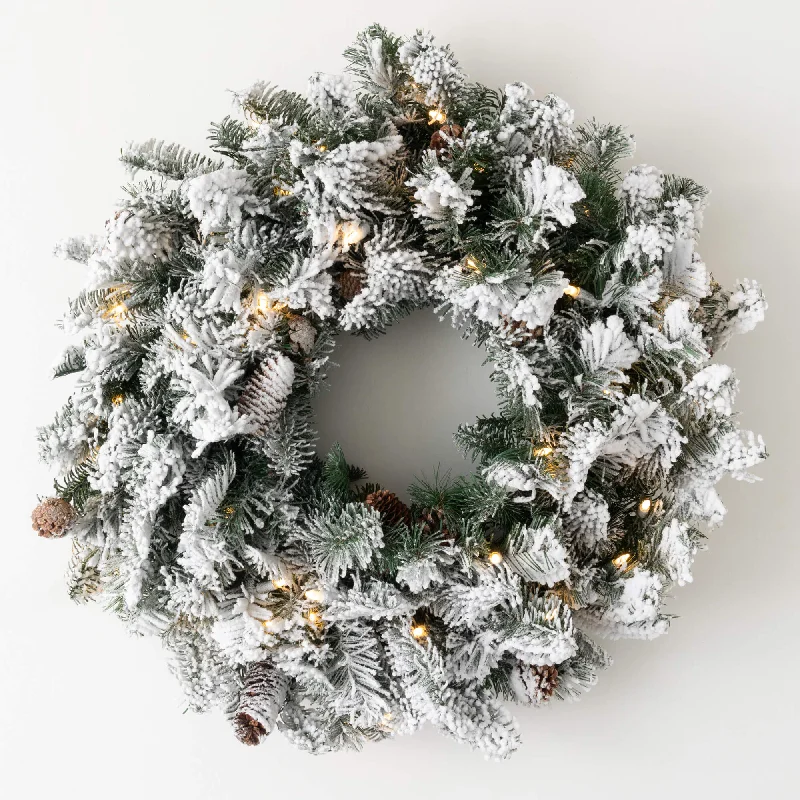 25" Lit Flocked Pine Wreath