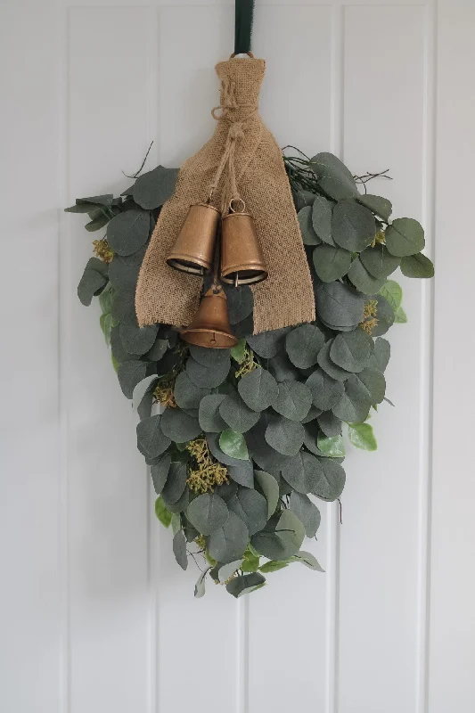 Luxury Faux Christmas Eucalyptus Swag Wreath with Burlap Bow and Bells