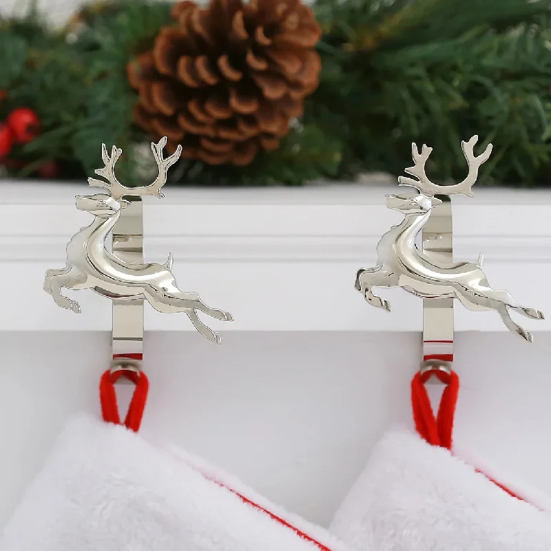 The Original MantleClip® Stocking Holder with Removable Metal Holiday Icons, 2 Pack - Silver Reindeer