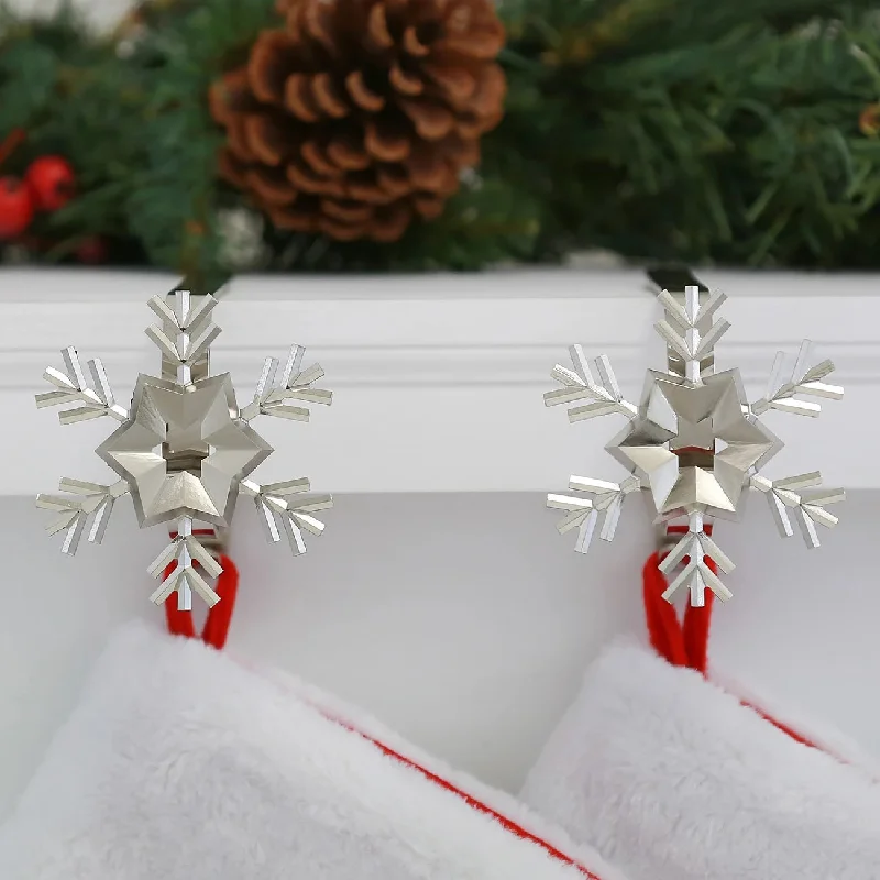 The Original MantleClip® Stocking Holder with Removable Metal Holiday Icons, 2 Pack - Silver Snowflakes