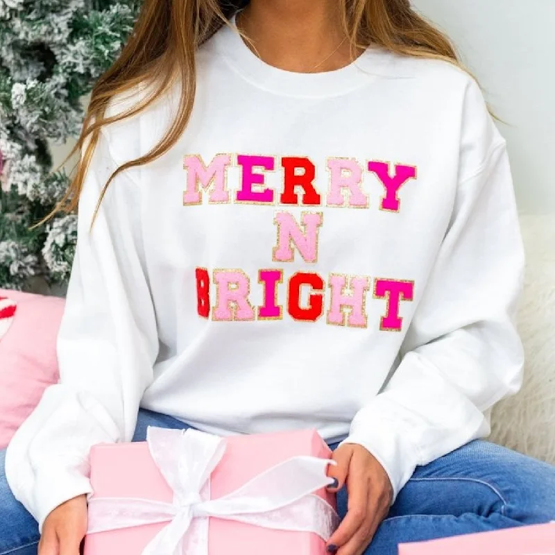 'Merry N Bright' Letter Patch Crewneck Sweatshirt