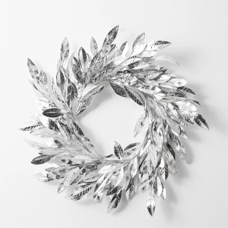 Metallic Silver Bay Leaf Christmas New Years Front Door Mantle Wreath