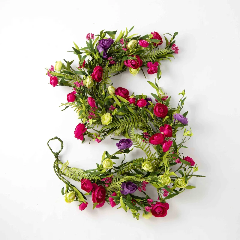 Mixed Magenta, Purple & Green Wild Ranunculus with Fern Spring Summer Table Runner Mantle Garland