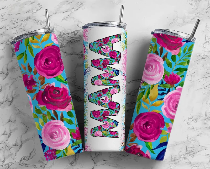 Mom MAMA Pink Floral Print 20 oz Skinny Tumbler