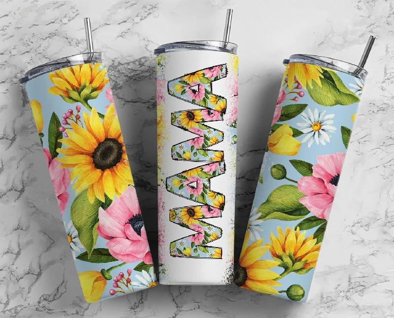 Mom MAMA Sunflower Floral Print 20 oz Skinny Tumbler