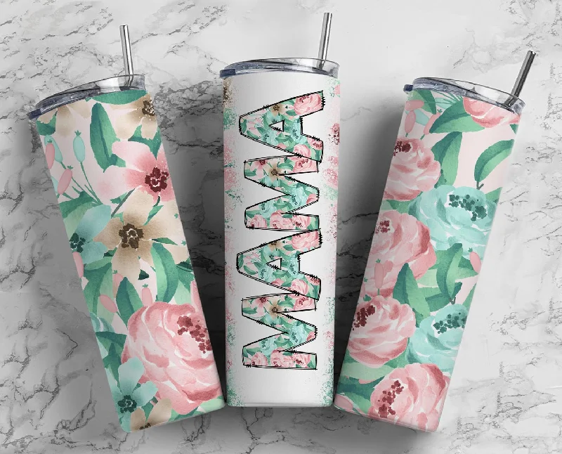 Mom MAMA Teal Floral Print 20 oz Skinny Tumbler