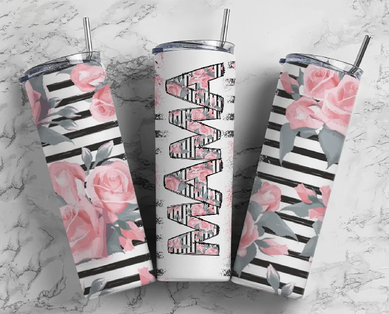 Mom MAMA Pink Floral Stripe Print 20 oz Skinny Tumbler