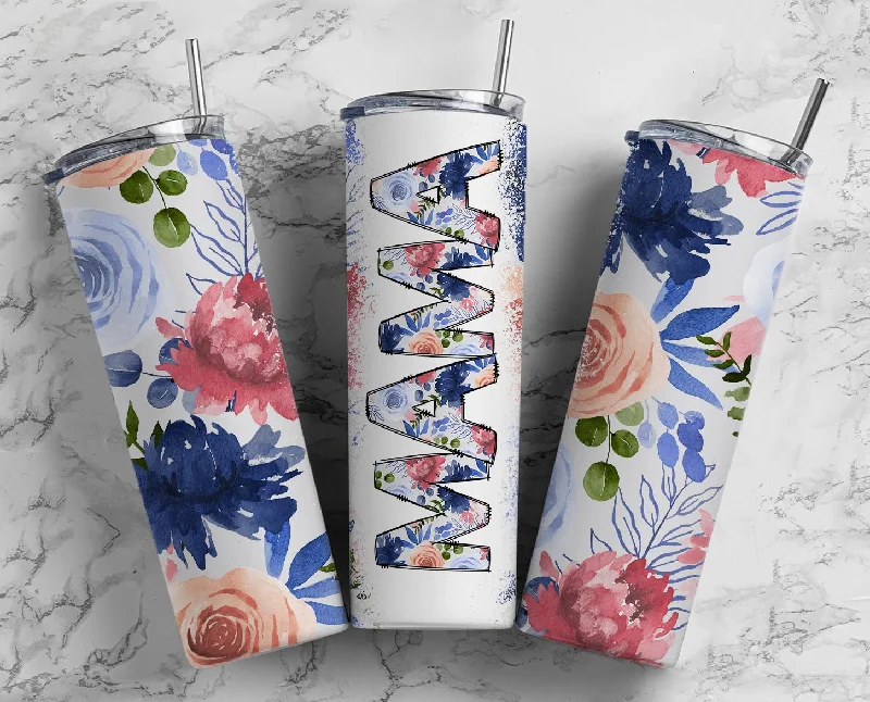 Mom MAMA Blue Floral Print 20 oz Skinny Tumbler