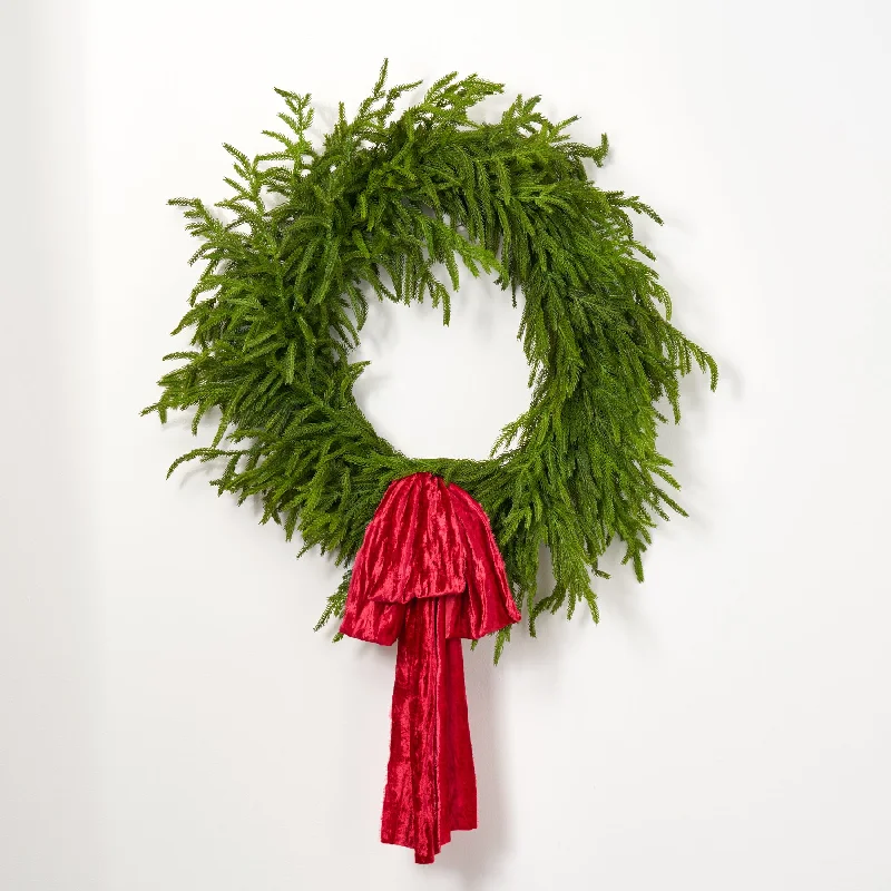 Norfolk Collection - Real Touch Norfolk Pine Front Door Christmas Holiday Winter 30" Wreath with 3 Bow Options