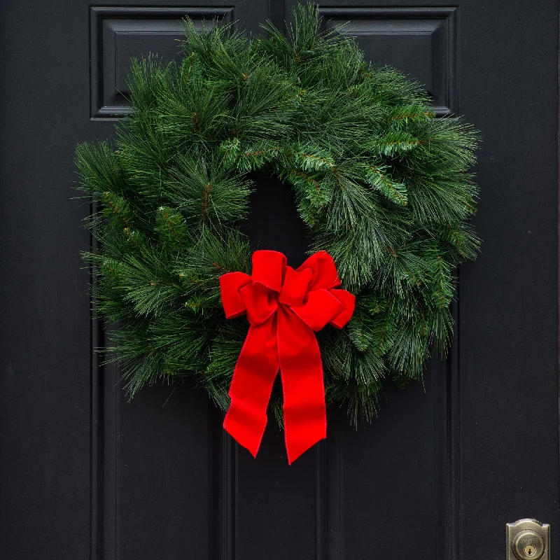 Outdoor UV Protected Long Needle Pine Christmas Wreath with Red Velvet Bow