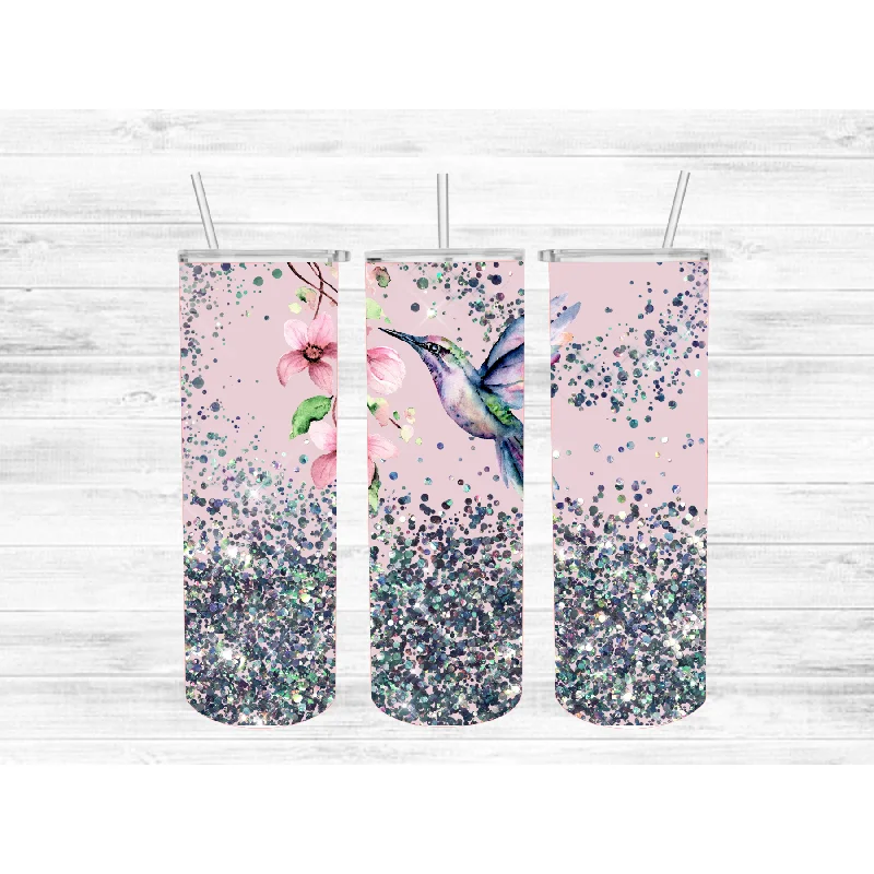 Pastel Hummingbird Glitter Effect 20 oz Skinny Tumbler