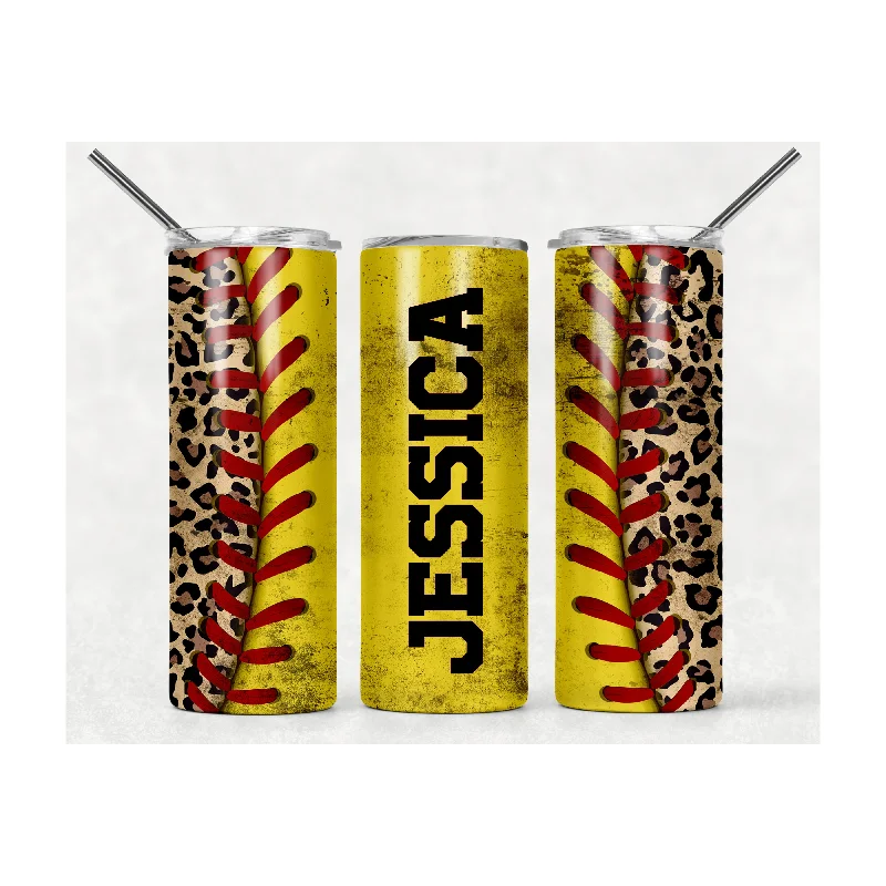 Personalized with Name Worn Leopard Softball Player 20 oz Skinny Tumbler, Cup