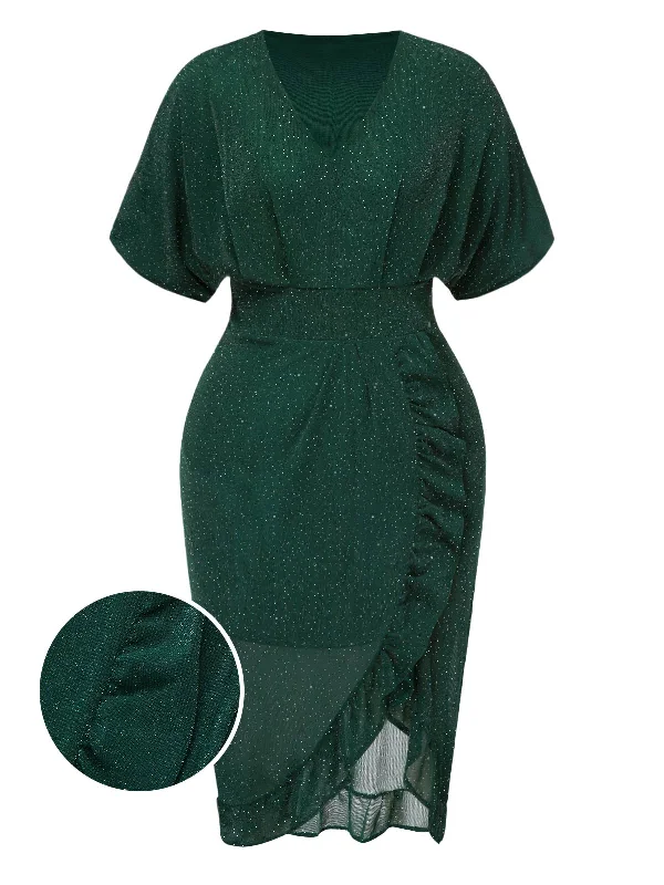 [Pre-Sale] [Plus Size] Dark Green 1940s V-Neck Ruffles Solid Dress