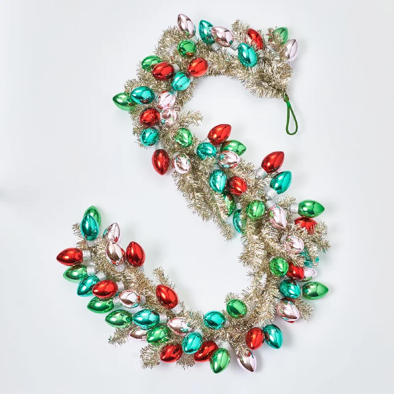 Razzle Dazzle Christmas - Gold & Silver Tinsel Garland with Vintage Bulbs In Pink, Turquoise, Green & Red