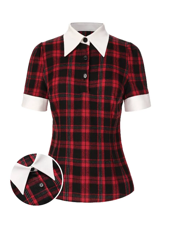 Red 1930s Shirt Collar Gingham Plaid Top