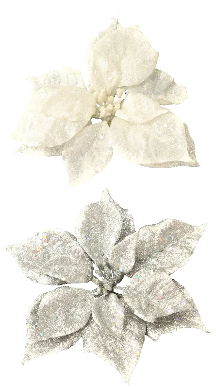 Silver/White Glitter Poinsettia Ornaments